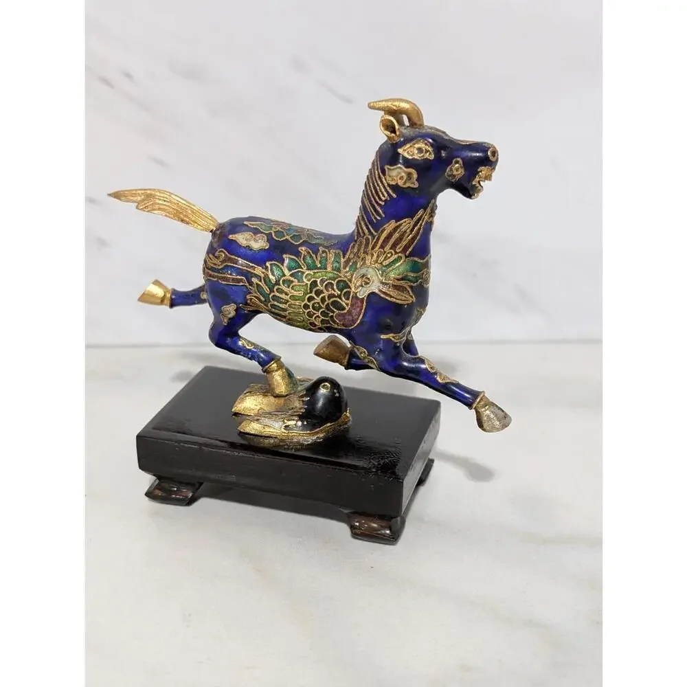 Decorative Cloisonné Horse Miniature Figurine on Black Enamel Wooden Base